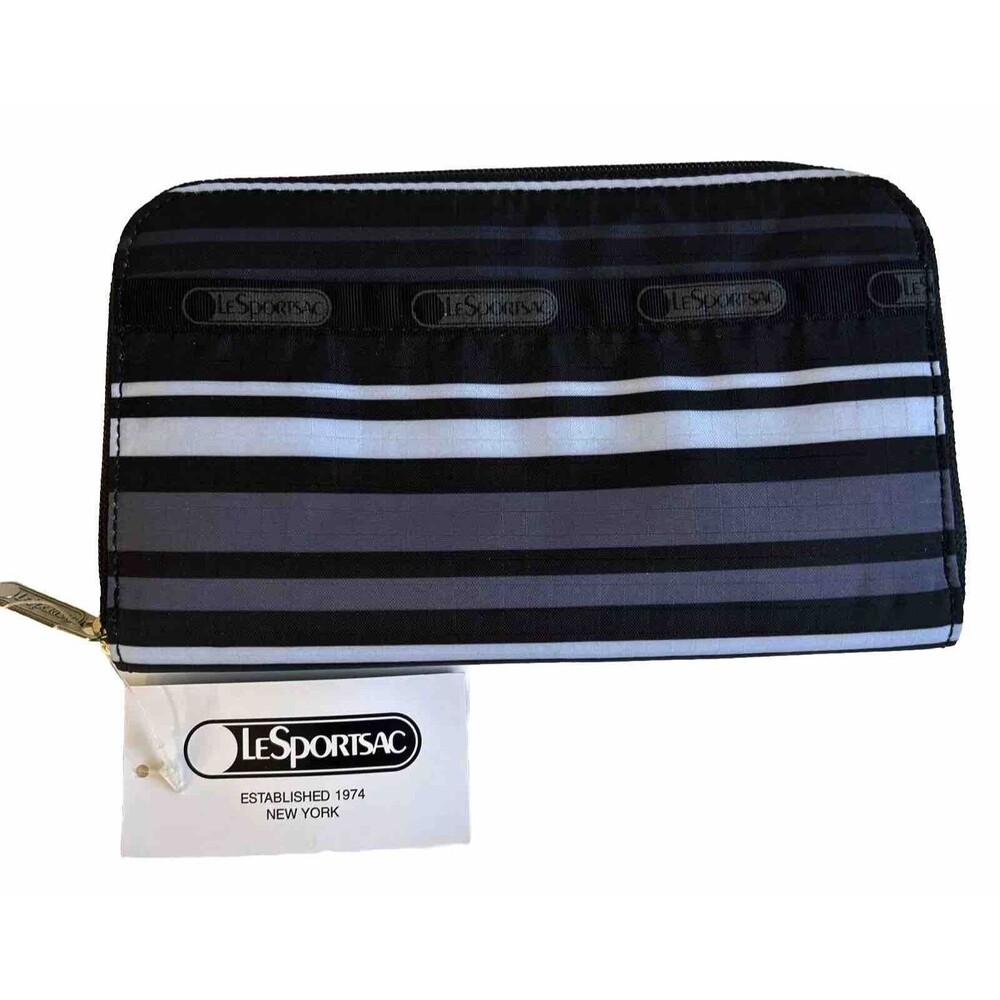 LeSportsac ZIP AROUND ORGANIZER WALLET Light Blue Grey Black Stripe NWT